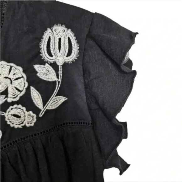 Knox Rose Black Embroidered Boho Flutter Sleeve Peasant Top XS Tassel Tie Back - Picture 5 of 8